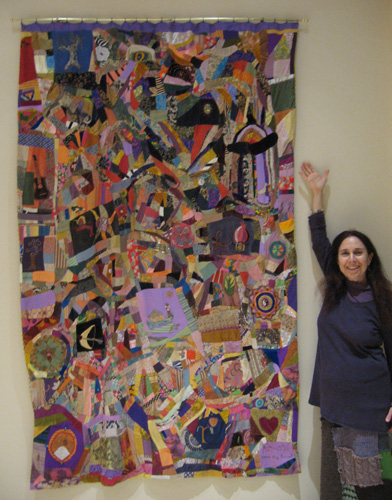 Alicia with her patchwork crazy quilt