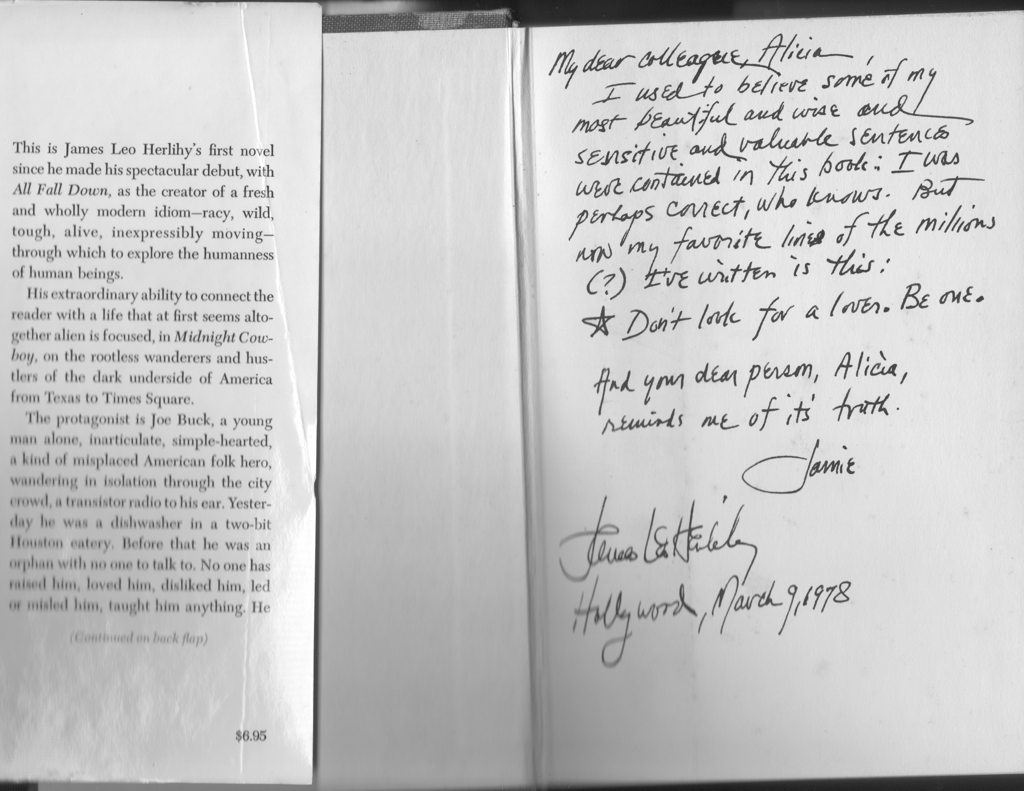 James Leo Herlihy's inscription to my copy of Midnight Cowboy